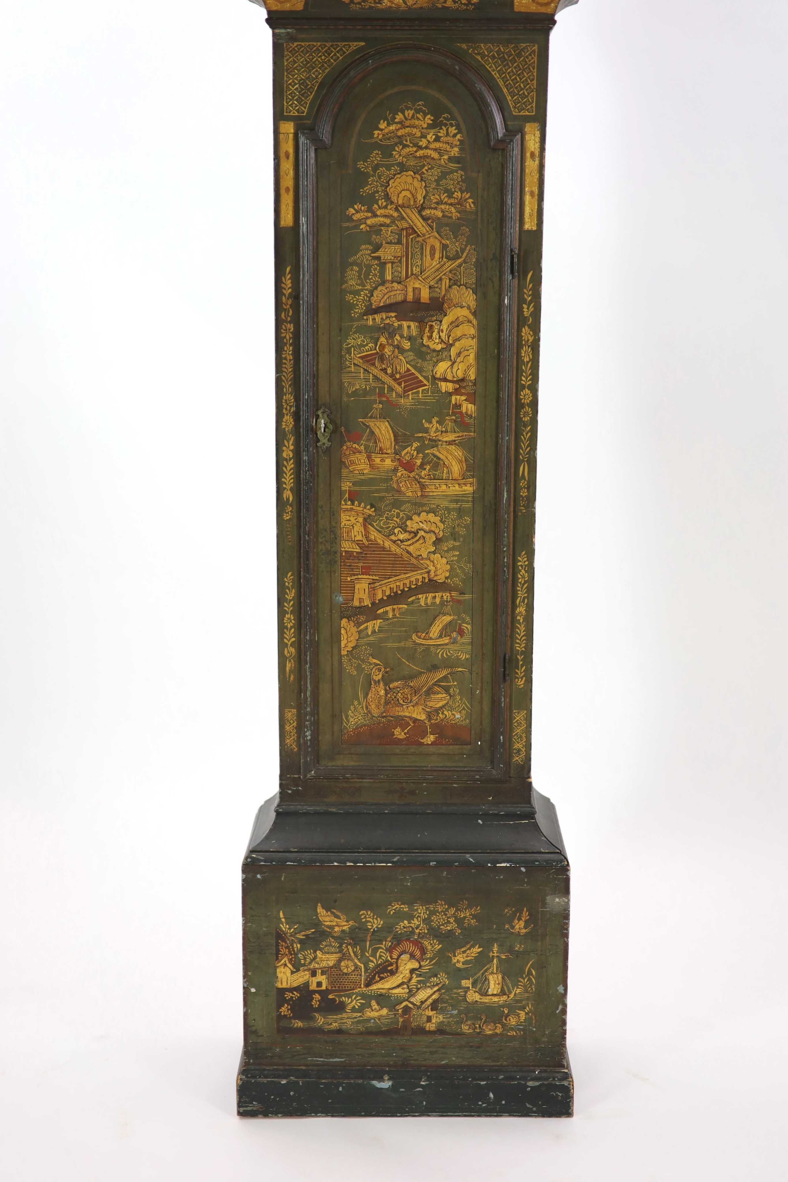 William Pridham of London. A George III green lacquered longcase clock, W.51cm H.136cm